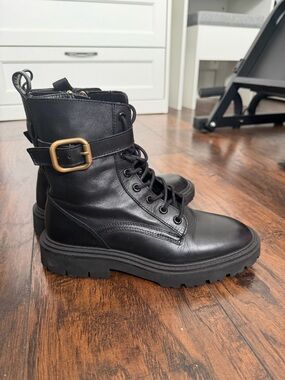 Zara Black Leather Combat Boots with Lug Sole